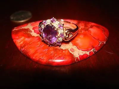 Magnificent Vintage Solid Yellow Gold 14K Diamonds & Amethyst Ring.Sz-7.5 • $599.99