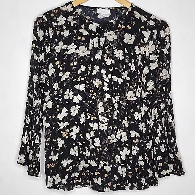 J. Jill Black White Floral Pattern Bell Long Sleeve Women's Sheer Blouse Top • $19.99