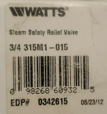 Watts 0342615 315 M1 15 PSI Bronze Steam Safety Relief Valve - 3/4  NPT 15 PSIG. • $99