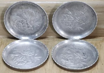 Vintage Set Of 4 Aluminum Coasters Embossed Floral Pattern Fluted Edge MCM • $12.99