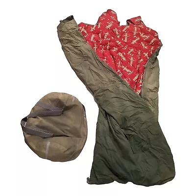 Vintage 1940-50s Army Green Sleeping Bag With Red Flannel Totem Pole Lining • $99.45