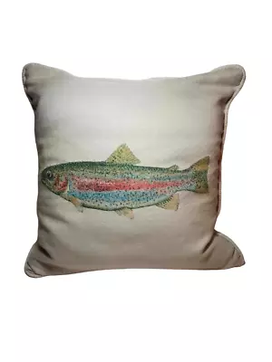 Beige Throw Pillow RAINBOW TROUT Lodge Cabin Lake Life Cottage Décor Man Cave • $23.74