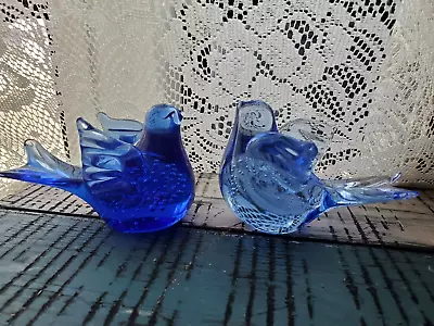 Vintage Set 2 Blue Art Glass Birds Paper Weight Controlled Bubbles RARE Decor • $46