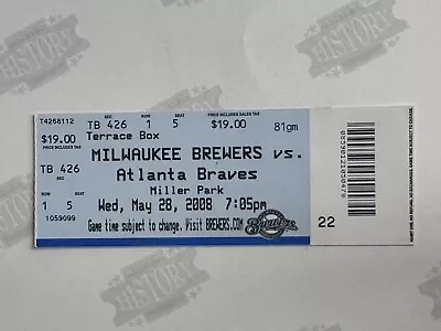 2008 Atlanta Braves At Milwaukee Brewers Ticket 5/28/08 • $6