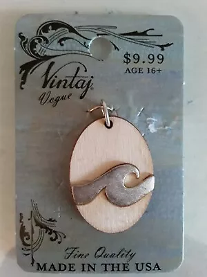 Vintaj Vogue Oval Natural Wood & Pewter Meridian Wave Pendant Made In USA 1.25  • $10