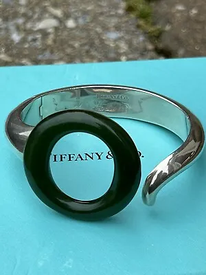 Tiffany & Co Silver Elsa Peretti Sevillana Green Jade Round O Cuff Bracelet Rare • $3500