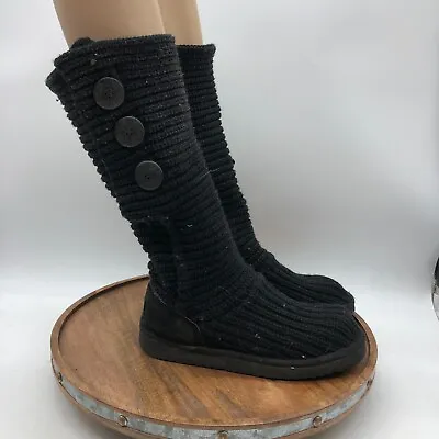 UGG Australia Boots Womens 7 Classic Cardy Knitted Sweater Tall Snow 5819 Black • $32.77