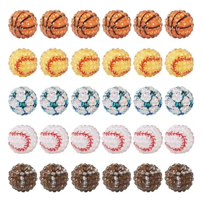 30Pcs Round Basketball Football Baseball Pattern Resin Rhinestone Beads 	20mm • $31.91