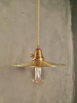 Vintage Industrial Pendant Light W/ Flat Brass Shade -Machine Age Hanging Lamp   • $183.95