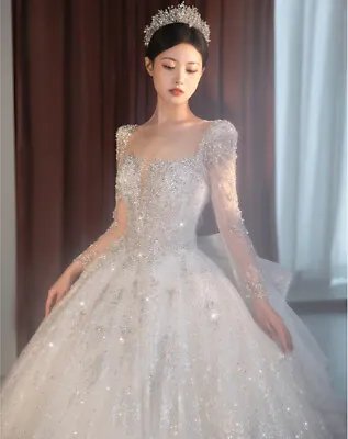 Luxury Wedding Dresses Long Sleeve Beading Crystal Lace Up Bow Bridal Gowns • $179.99