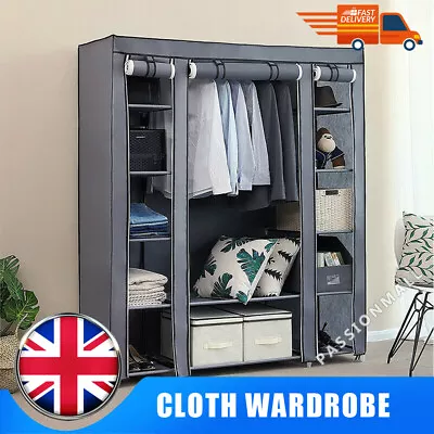 Practical Fabric Canvas Wardrobe Hanging Rail Shelving Clothes Storage Cupboard • £17.99