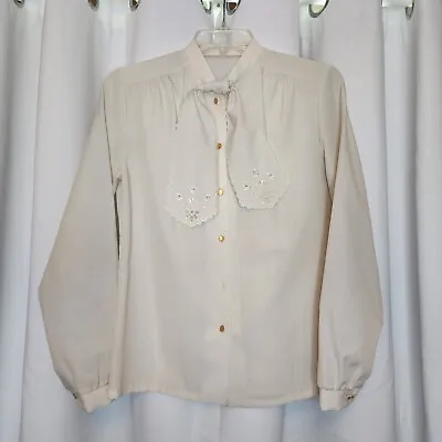 Women's Vtg 50s 60s Ivory Blouse Chic Embroidered Neck Tie L/S Button Down  • $11.96