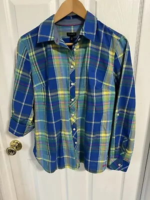 Talbots Shirt Womens Medium Blue Yellow Plaid Colorful Button Up Roll Tab Sleeve • £14.20