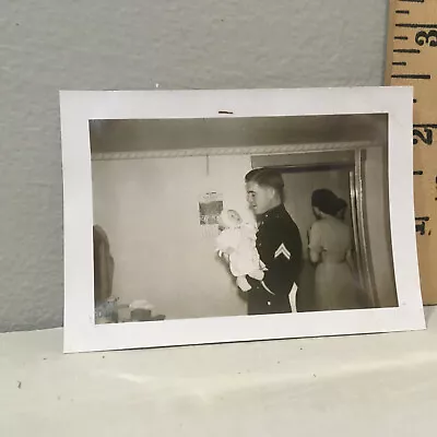 Vtg Photo Young Marine Uniform Holding Baby Snapshot • $4.99