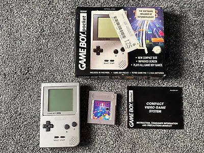 Nintendo Game Boy Pocket Silver Handheld System BOX RARE TETRIS VARIANT W/game!! • £129.99