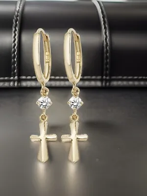 9CT Yellow Gold Earrings Cross Charm Drop Hoops • £173.25