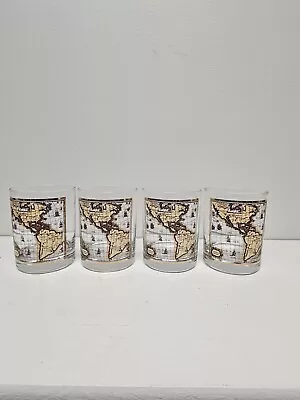 NOVA TABULA AMERICAE MAP MCM Double Old Fashioned Glasses Set Of 4 Rare Vintage • $30