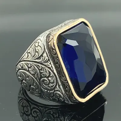 Men Handmade Blue Sapphire Stone Ring  Ottoman Style Ring 925k Silver • $85