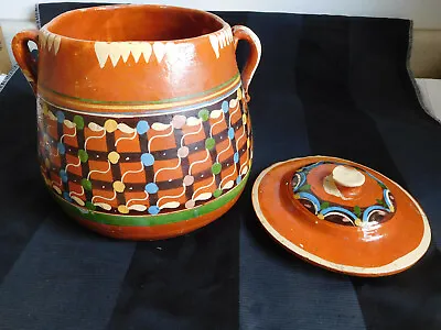 Covered REDWARE Large Bean POT Container Bowl Clay 8x7  + Lid Vtg 2 Handles • $40