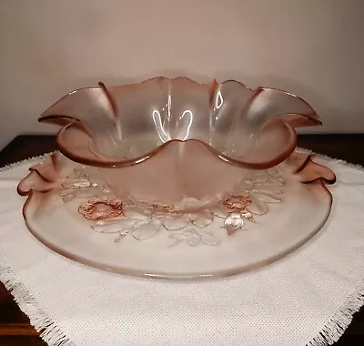 MIKASA Rosella Frosted Pink Flowers Ruffle Serving Bowl & Platter Set Of 2 • $25