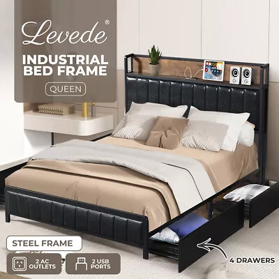 Levede Queen Bed Frame PU Mattress Base Storage Drawer Headboard USB Charge • $389.99