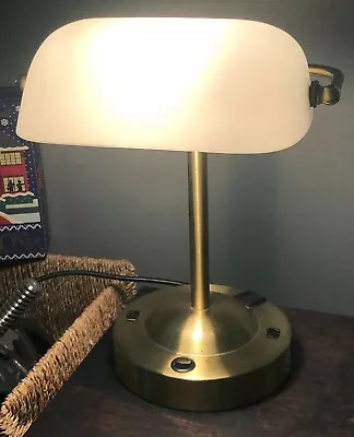 Hotel Bankers Lamp W/ Outlet Plug White Matte Glass Shade Vintage Antique Table • $22