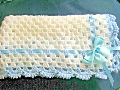 Lovely Hand Crochet Baby Blanket In White With Blue Border Ribbon & Bow (1) • £12.99