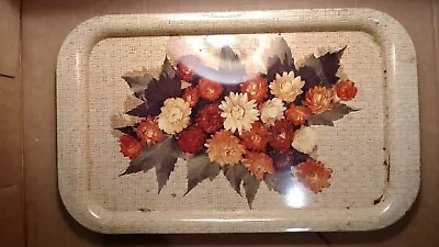 Vintage Metal Tin Serving Tray Tan With Flowers 14 1/4  L & 8 3/4  W • $10.99