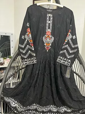 Ladies Black Linen Cotton Suit Kurta Girl Top Pakistani Indian Asian Party Dress • £24.99