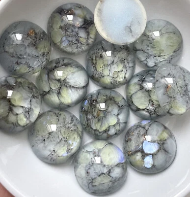 $8.55 • Buy 6 Vintage Gray Opal Cabochons Glass 15mm Grey Green Black W. Purple Flash C5-25