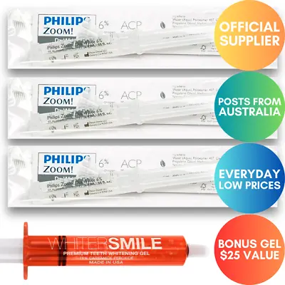 $59.95 • Buy 3 X Philips ZOOM Day White 6% HP Teeth Whitening Gel + FREE Bonus Gel 18% CP