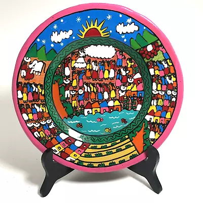 Vintage Mexican Wedding Terracotta Story Plate Folk Art Hand Painted Clay 9.5  • $24
