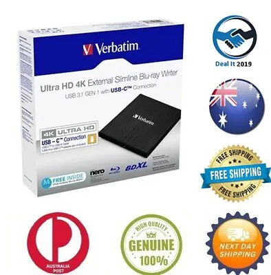 Verbatim External Slimline Mobile 4K Blu-ray Writer - USB3.0/USB-C • $159