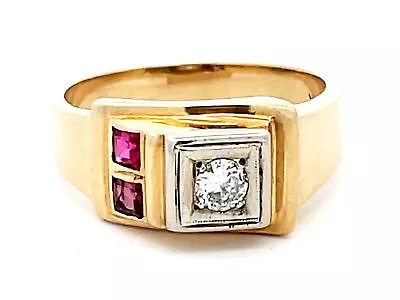 Mens Vintage Ruby And Diamond Retro Ring In 14k Yellow Gold • $3250