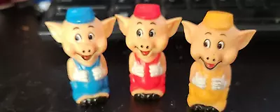 Vintage Disney ? 3 Little Pigs Piggies Figurines Figure Toy Red Blue Yellow Hats • $13