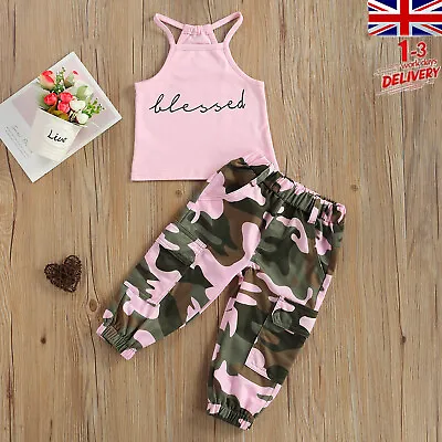 Kid Girl Clothes Set Letter Printed Halter Tops+Camouflage Printed Long Pants • £11.99