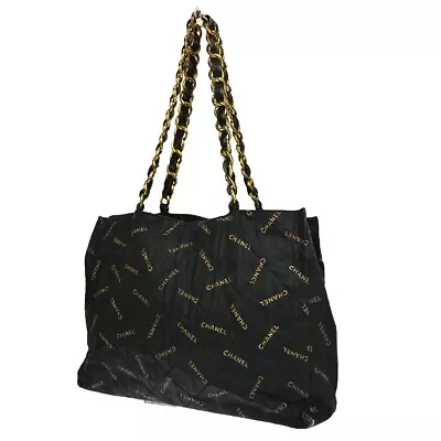$498 • Buy CHANEL Logo Chain Shoulder Tote Bag Canvas Black Gold France Vintage 87GA100