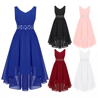 UK Kids Flower Girls Chiffon Sleeveless High Low Formal Wedding Dress Party • £18.41