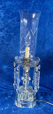 Antique Crystal Candelabra Hurricane Lamp Spear Prisms Etched Chimney 21.5  Deco • $75