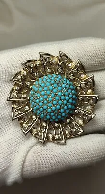 Vintage Joseph Mazer Jomaz Gold Tone Blue Turquoise Stone Pin Brooch • $110