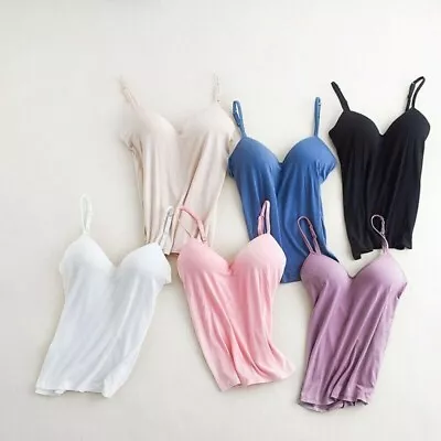 Womens Camisole Tops With Built In Bra Ladies V Neck Vest Padded Slim Tank Tops • £6.32