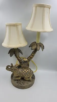 Vintage Elephant Lamp Dual Palm Tree Lights Trunk Up W/Shades • $72.25