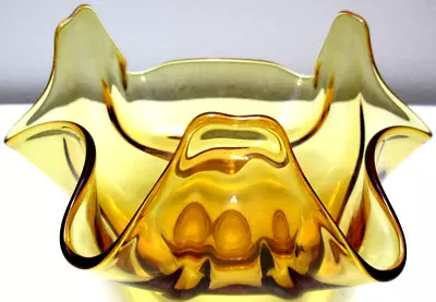 Vintage Viking Glass Bowl Candy Dish Epic Drape Handkerchief Amber 7 3/8  D • $31.49