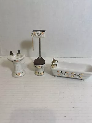 Vintage 3 Piece Porcelain Dollhouse Miniature Bathroom Set Toilet Bathtub Sink • $14.99