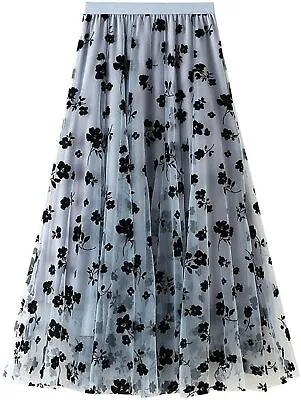$12.99 • Buy Women's Elastic High Waist Tulle Ruffle Pleated A-Line Swing Midi Skirt Blue
