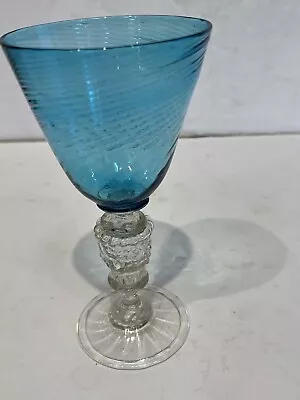 Antique Venetian Glass Wine Goblet Murano Blue Ribbed Bowl Stem Masks Flip Foot • $150