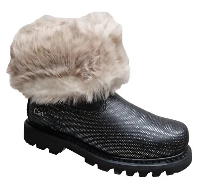 Cat Womens Bruiser Scrunch Fur Boots Winter Lined Warm Roll Up Black Silver Uk 3 • $136.58