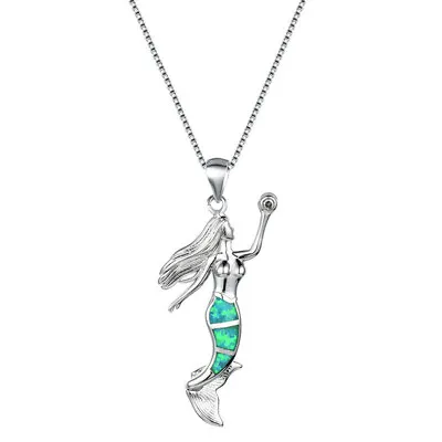 Beautiful Green Simulated Opal Mermaid Pendant Silver Necklace Jewelry  • $1.44