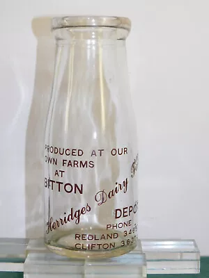 VINTAGE MILK BOTTLE  HERRIDGES DAIRY FARMS  RARE BROWN CERAMIC 1/2 PINT 1930's • $120