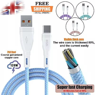 Type C Cable For Samsung S8 S9 S10+ S20+ Charging Fast Charger Phone Lead 120W • £3.89